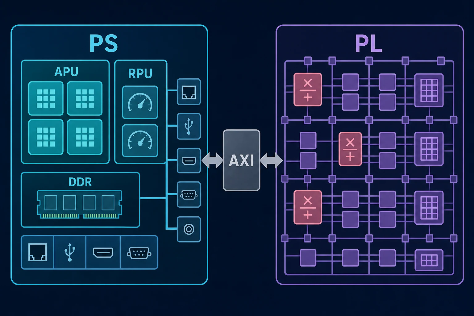 Répartition des ressources entre le PS et la PL d'un SoC Zynq